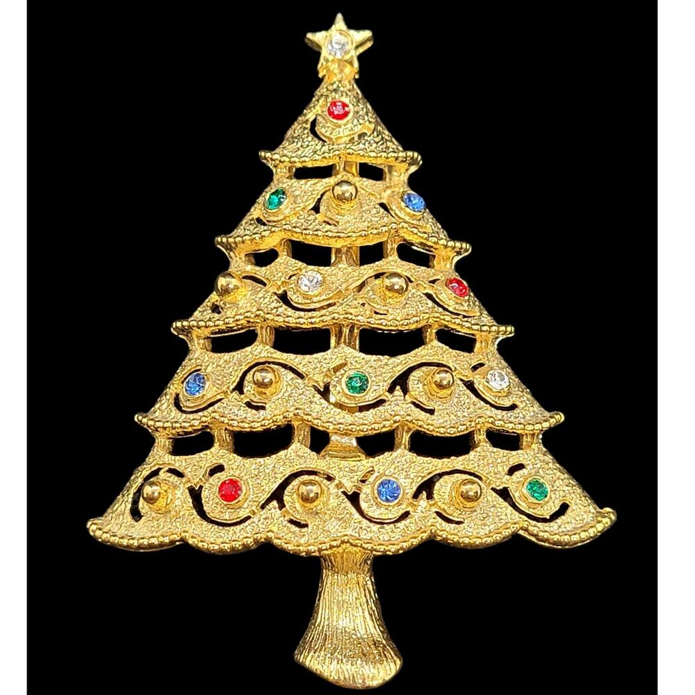 Luxe Vintage Holiday Sparkle Rhinestone Tiered Tree Brooch Gold Tone‎ Elegant